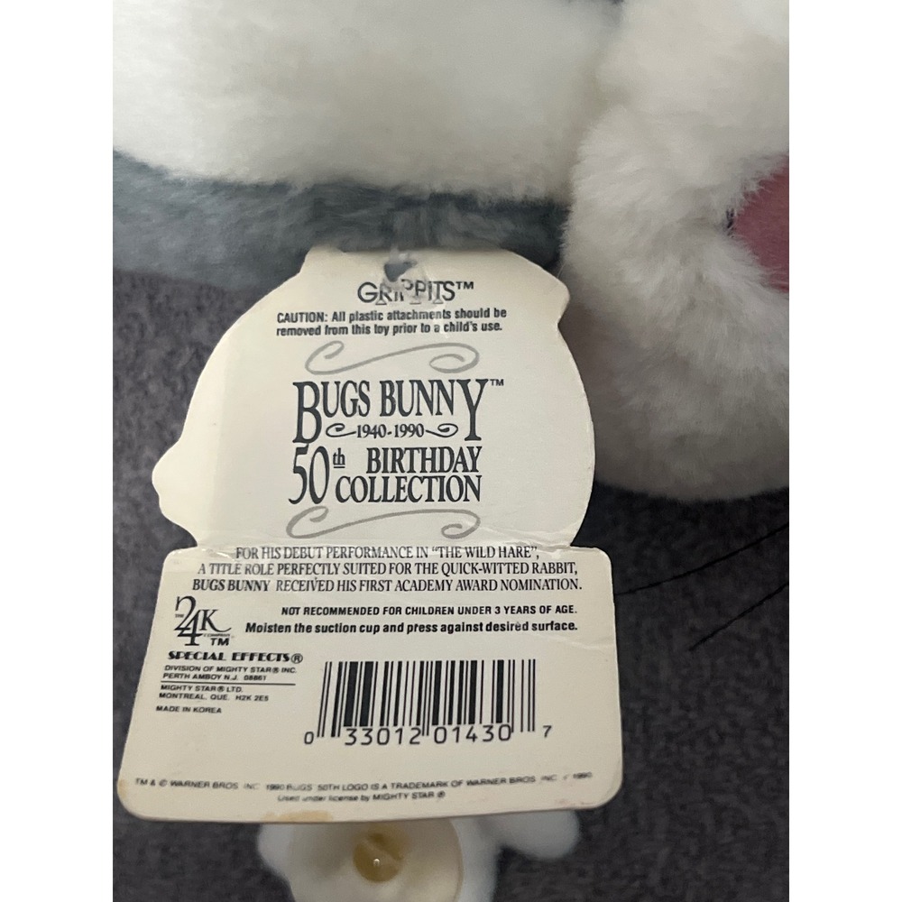 Vintage 1990 Bugs Bunny 50th Birthday Plush Suction Cup Toy Mighty Star Grippits - Picture 5 of 8